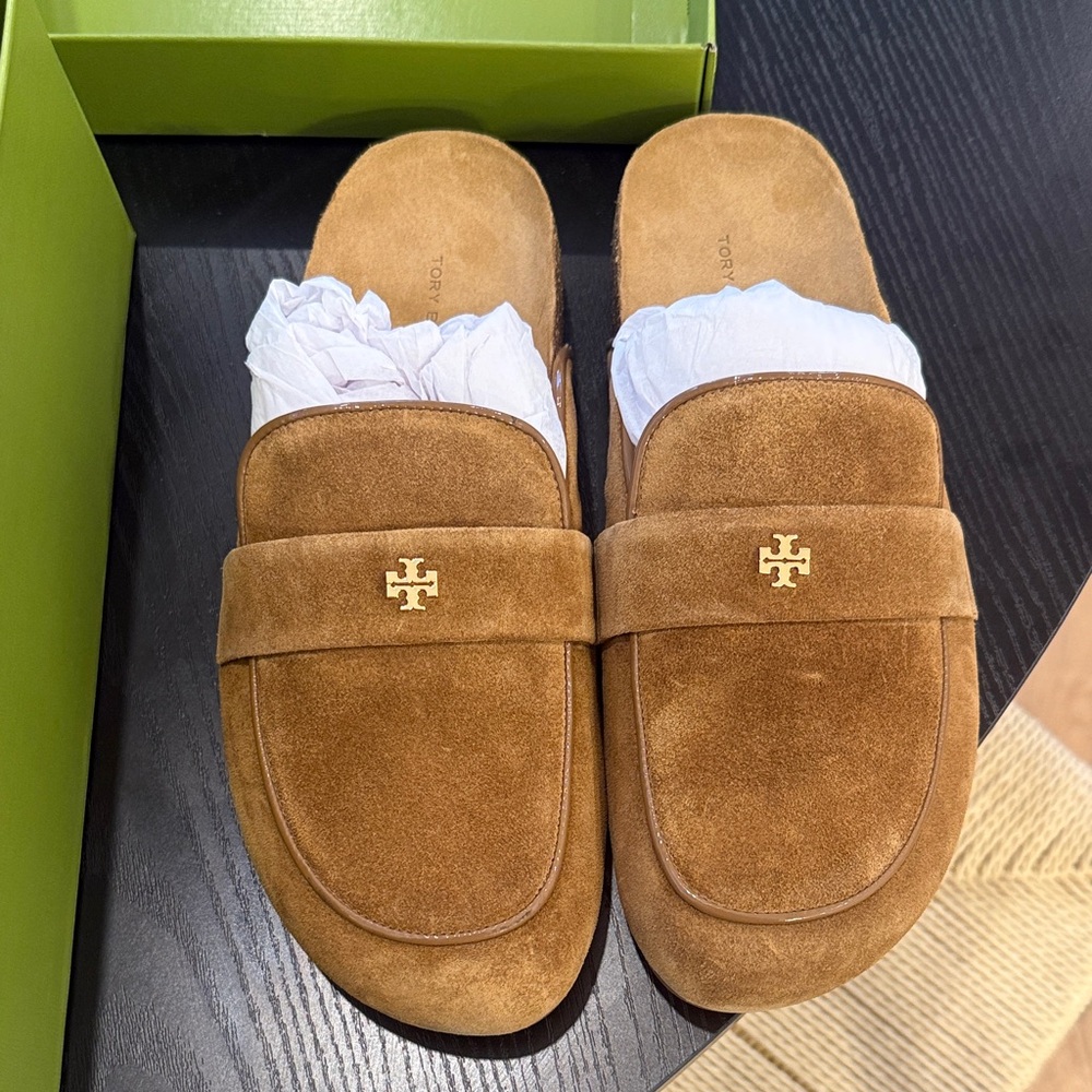 Tory Burch Tan Suede Slides with Gold Emblem everly cork mule birra 10.5